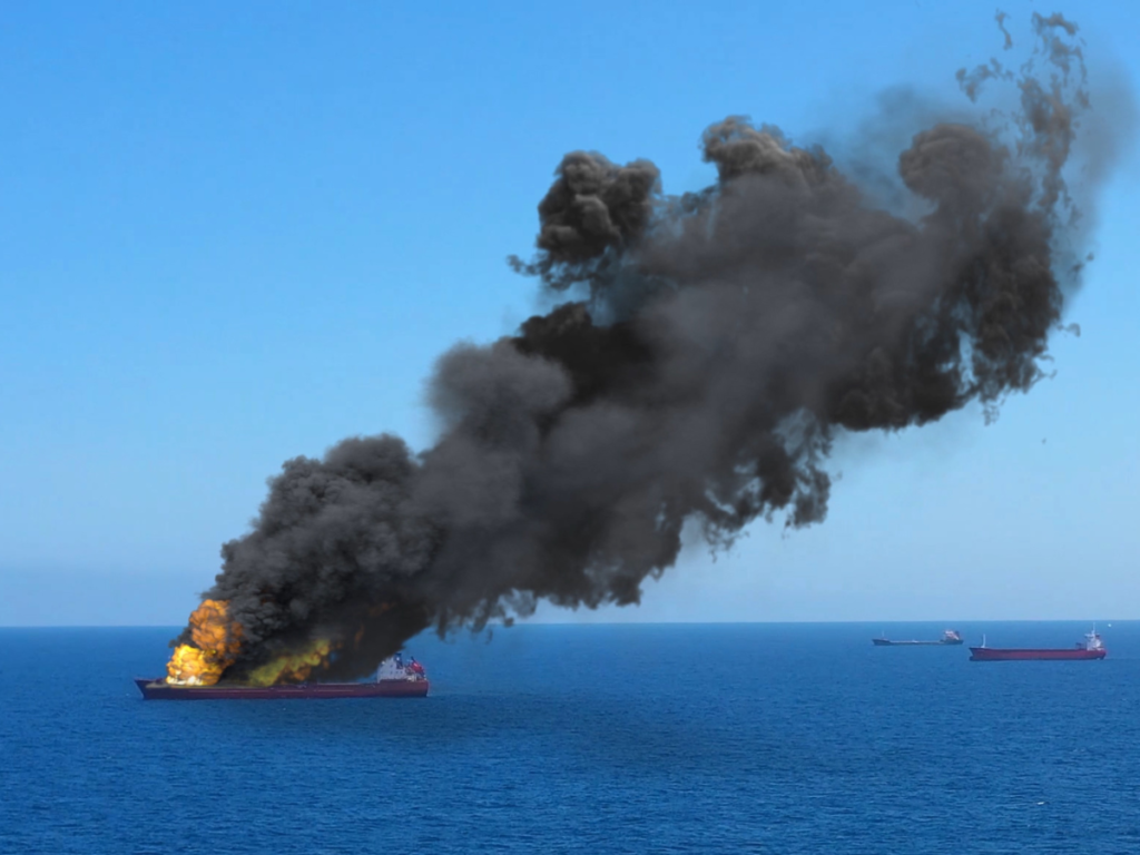 Black smoke fire coming from a boat out at sea.